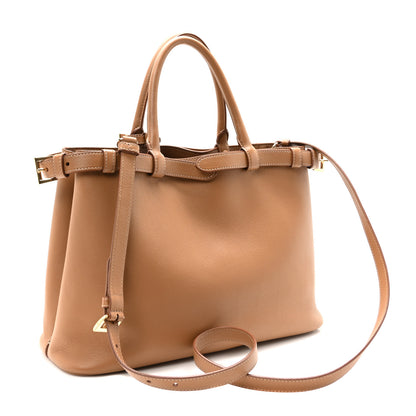 Prada Soft Grain Calfskin Medium Double Belt Tote Caramel 3 of 9