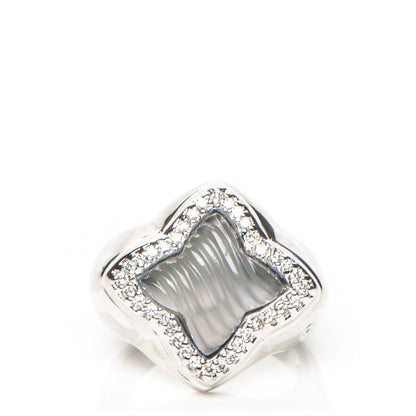 David Yurman 18K White Gold Diamond Chalcedony 14mm Quatrefoil Ring 7.5 1 of 5