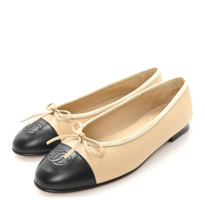 Chanel Lambskin Cap Toe CC Ballerina Flats 37.5 Beige Black 4 of 11