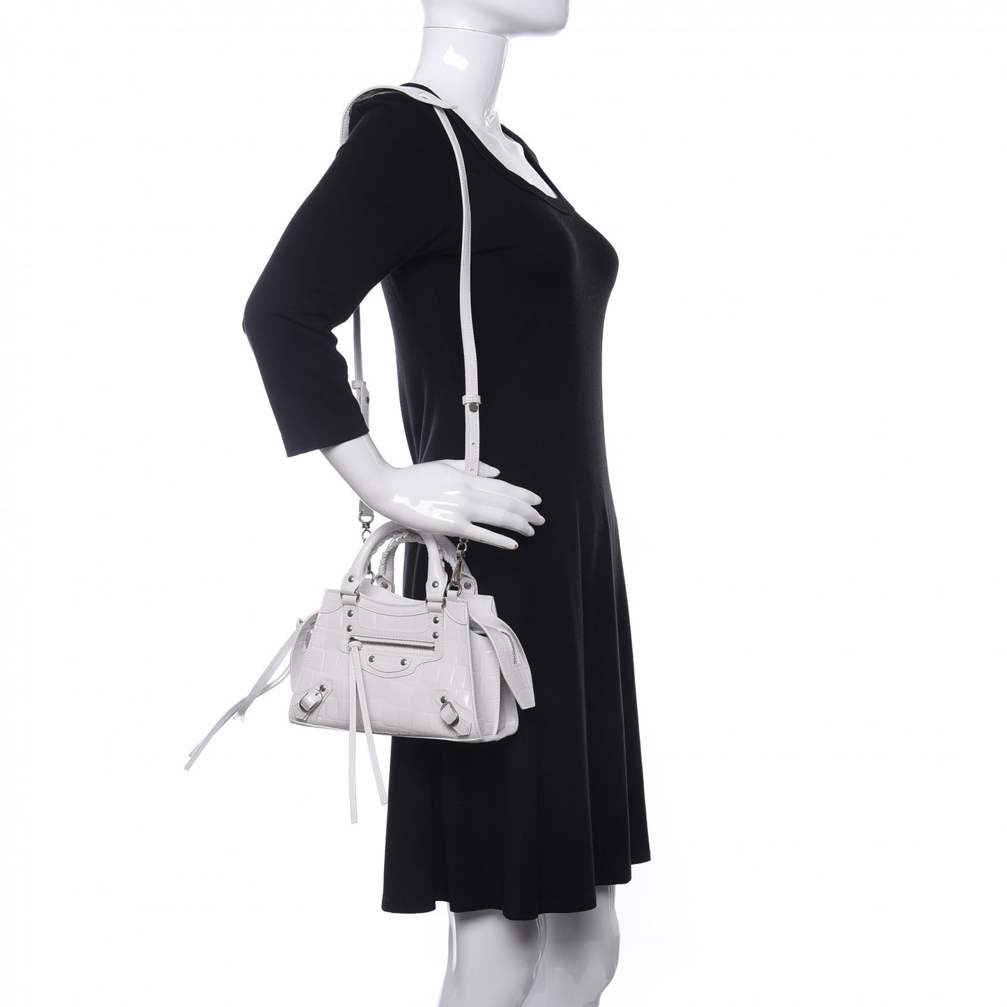 Semi Shiny Calfskin Crocodile Embossed Neo Classic Silver Hardware Mini City White