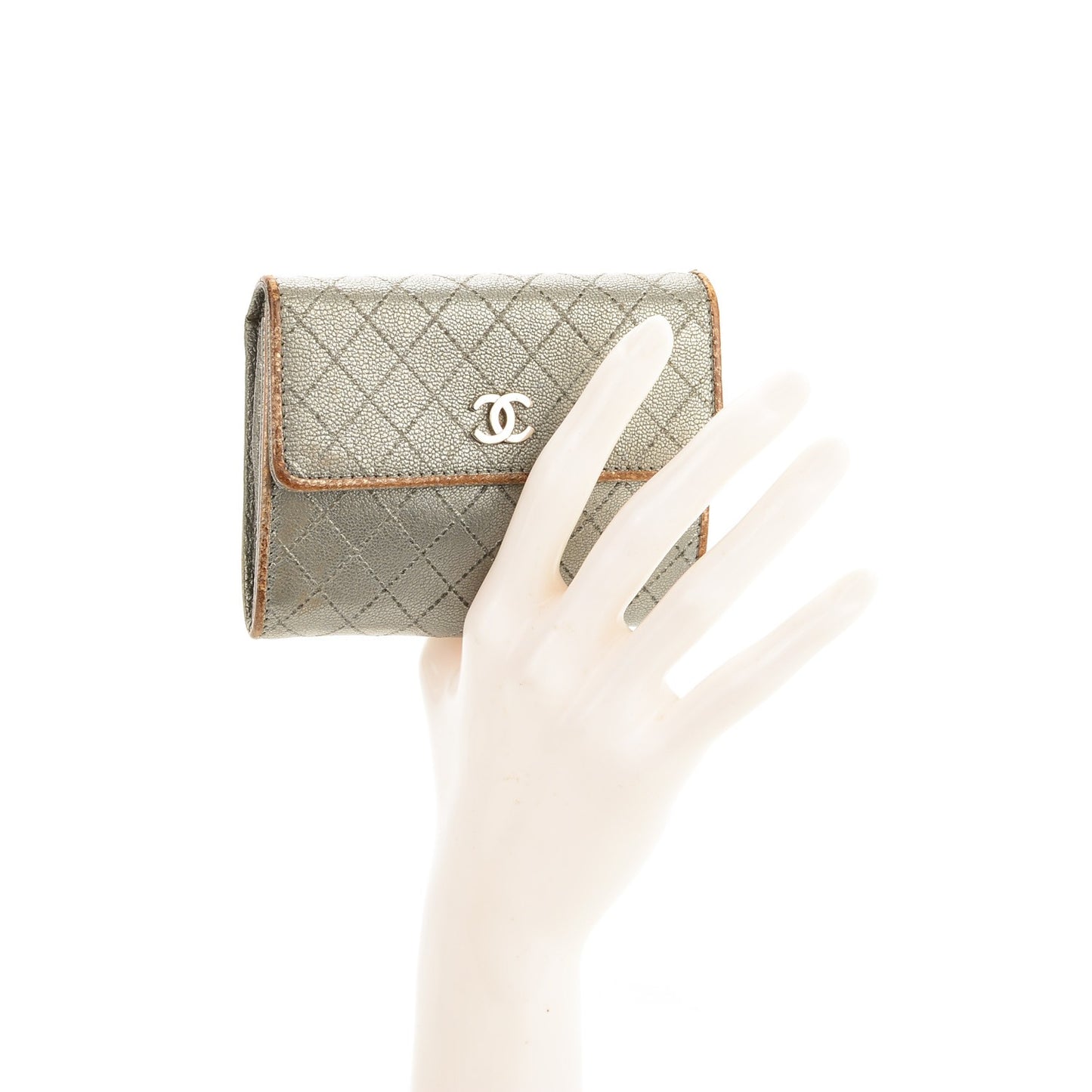 Metallic Calfskin Diamond Stitched Card Holder Wallet Silver Gold