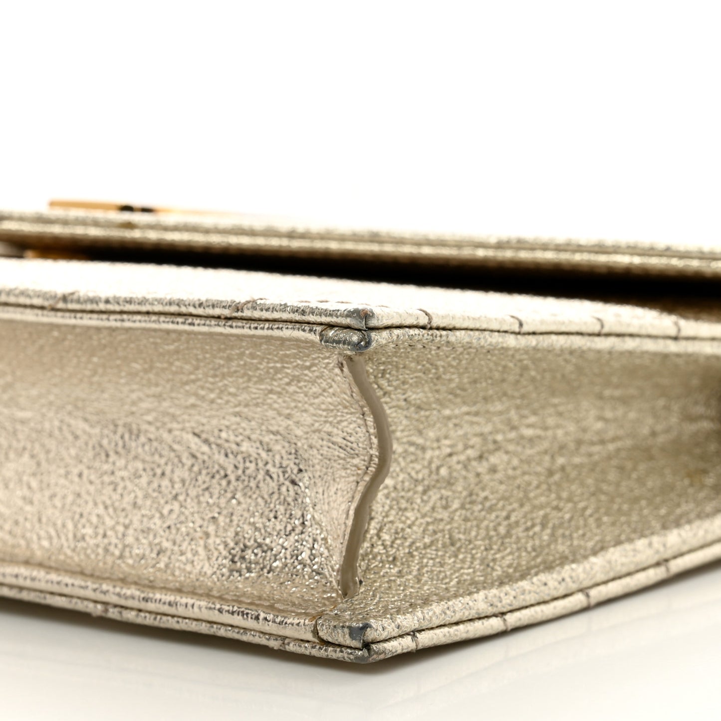 Metallic Crackled Calfskin Matelasse Chevron Monogram Envelope Chain Wallet Gold