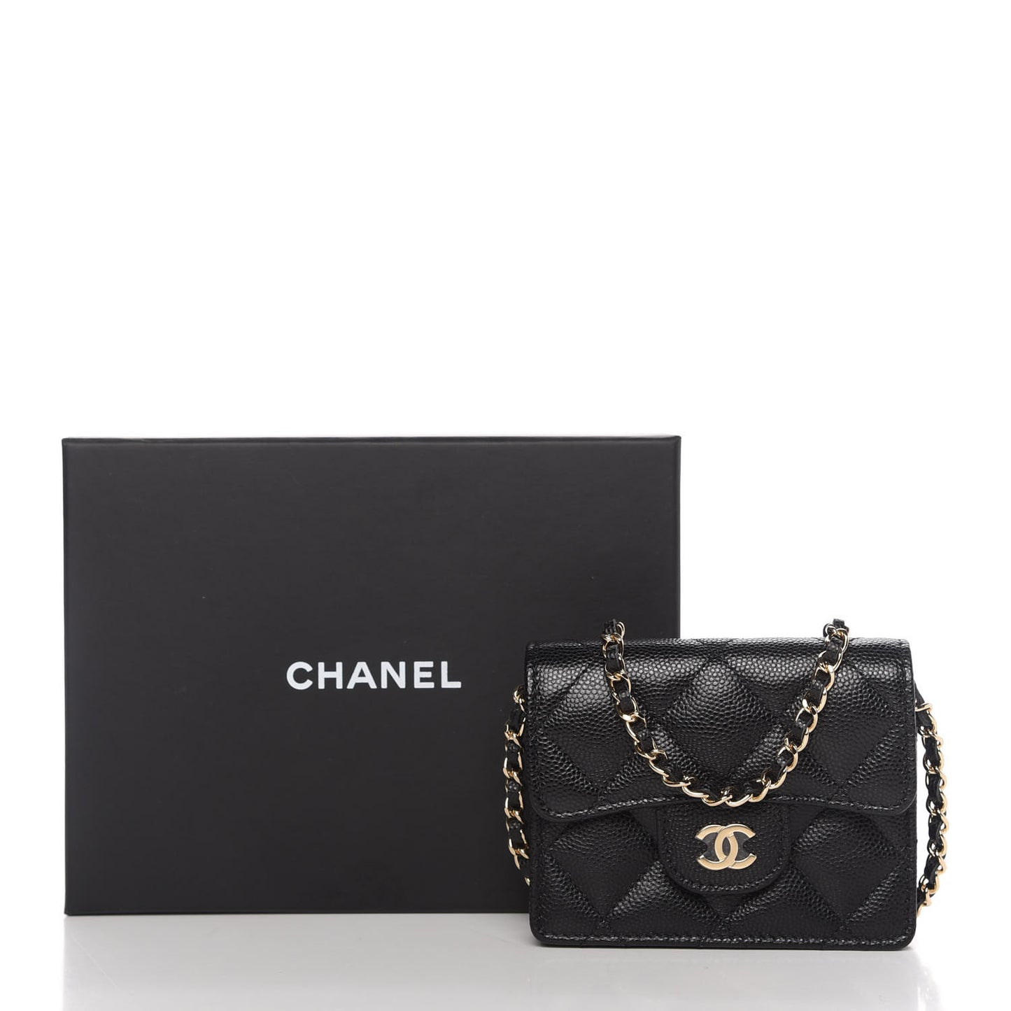 Caviar Quilted Flap Card Holder On Chain Black