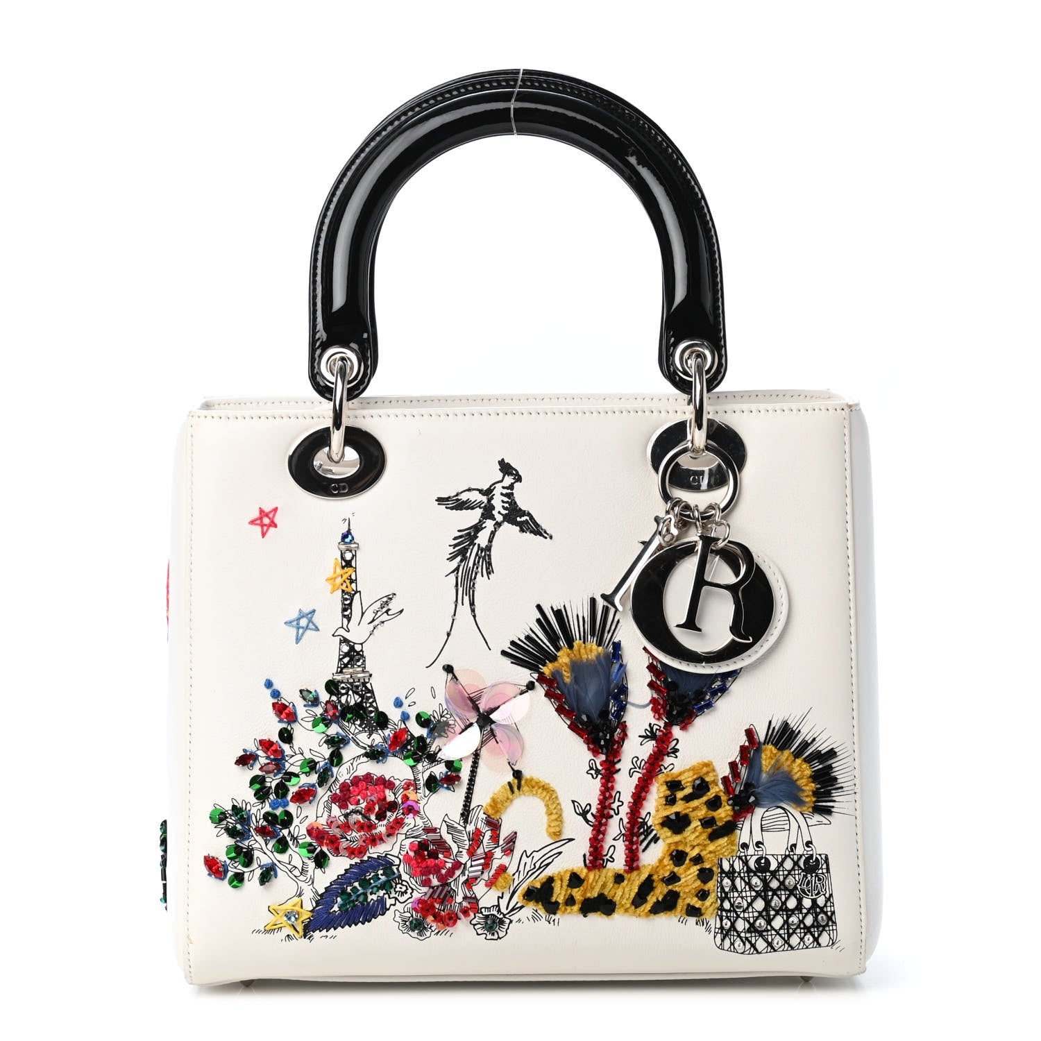 Christian Dior Smooth Calfskin Eiffel Tower Embroidered Medium Lady Dior White Multicolor 2 of 14