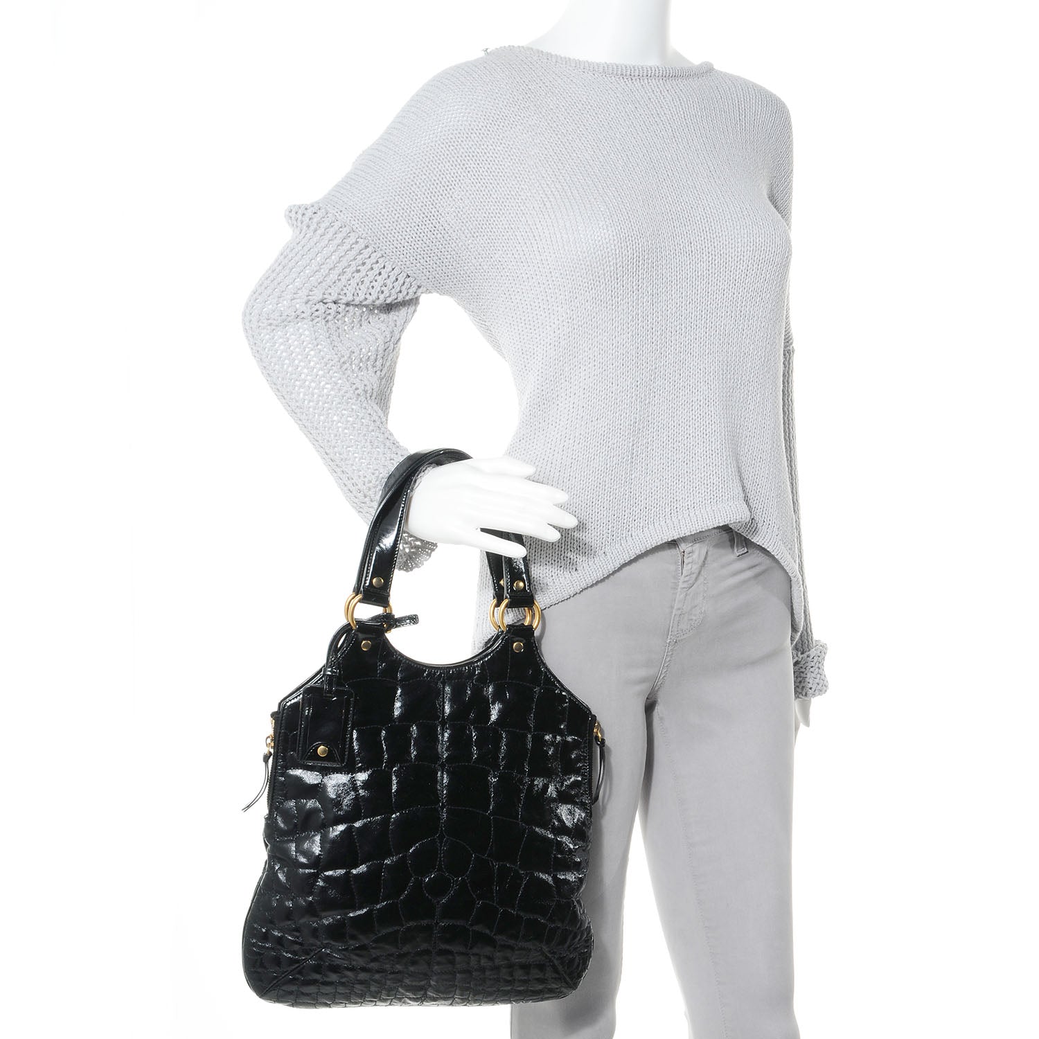 Saint Laurent Patent Crocodile Embossed Tribute Tote Black 2 of 9