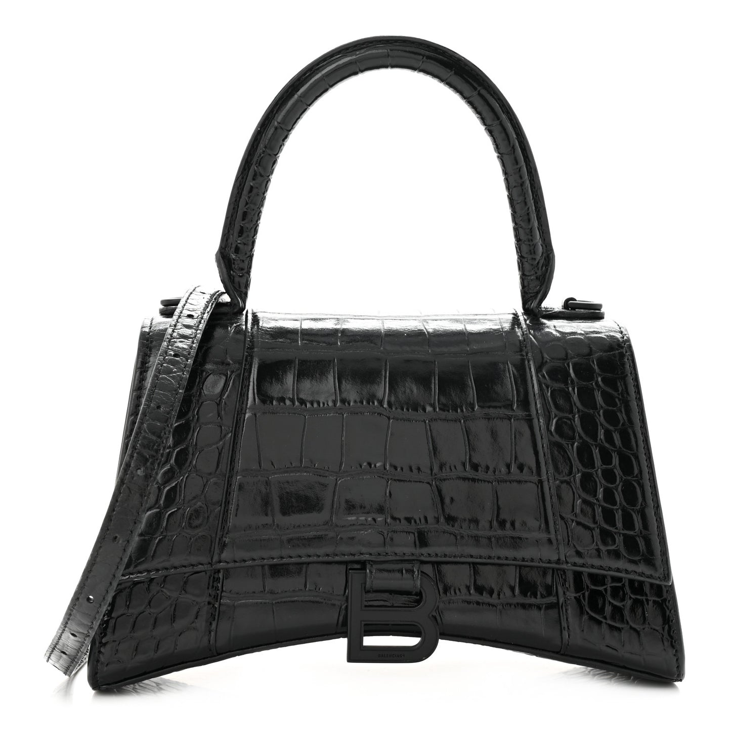 Shiny Calfskin Monochrome Crocodile Embossed Small Hourglass Top Handle Bag Black