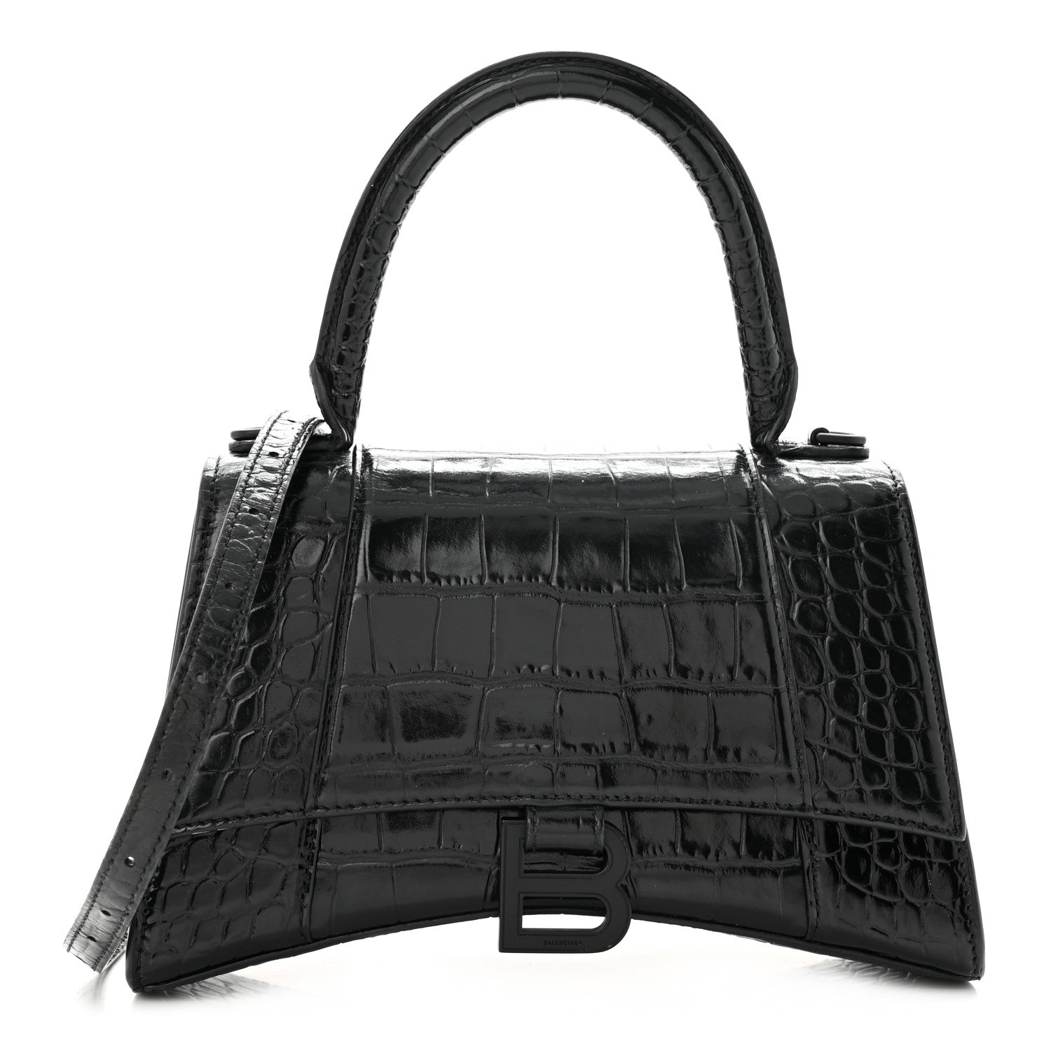 Balenciaga Shiny Calfskin Monochrome Crocodile Embossed Small Hourglass Top Handle Bag Black 1 of 11