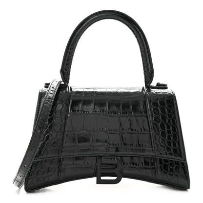 Balenciaga Shiny Calfskin Monochrome Crocodile Embossed Small Hourglass Top Handle Bag Black 1 of 11