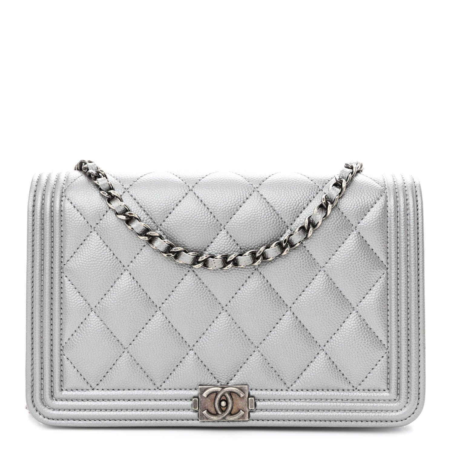 Chanel Metallic Caviar Quilted Boy Wallet On Chain WOC Silver 1 of 12