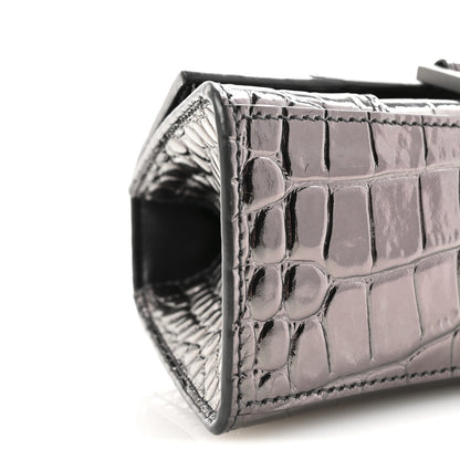 Balenciaga Metallic Shiny Calfskin Crocodile Embossed Hourglass Top Handle Bag XS Gunmetal 8 of 9