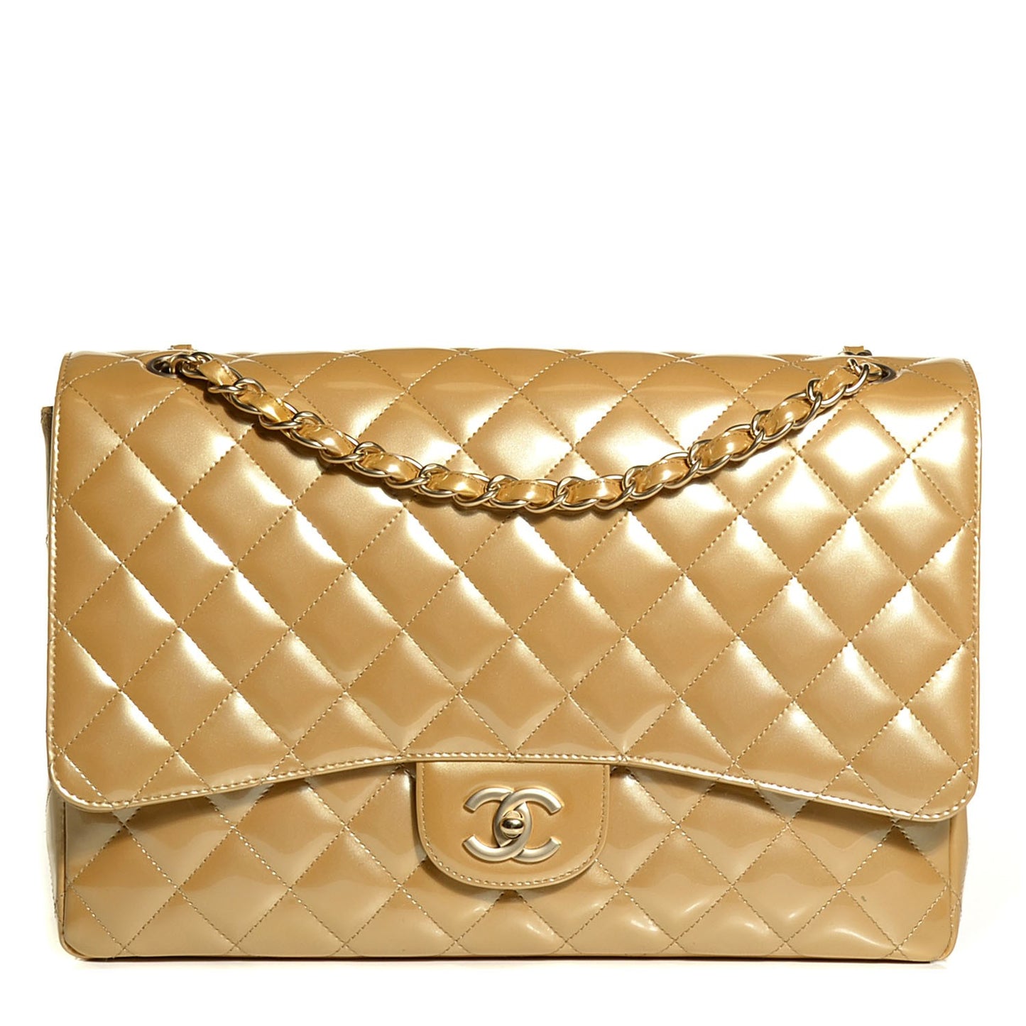 Metallic Patent Quilted Maxi Single Flap Beige