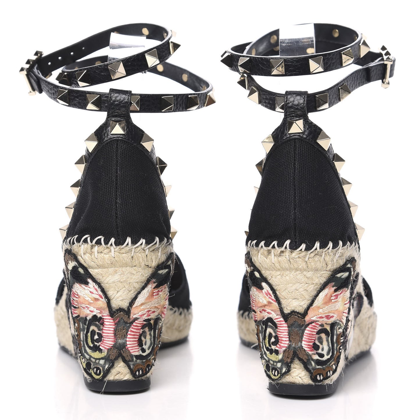Canvas Butterfly Embroidered Rockstud Ankle Wrap Espadrille 15/85mm Wedges 39 Black