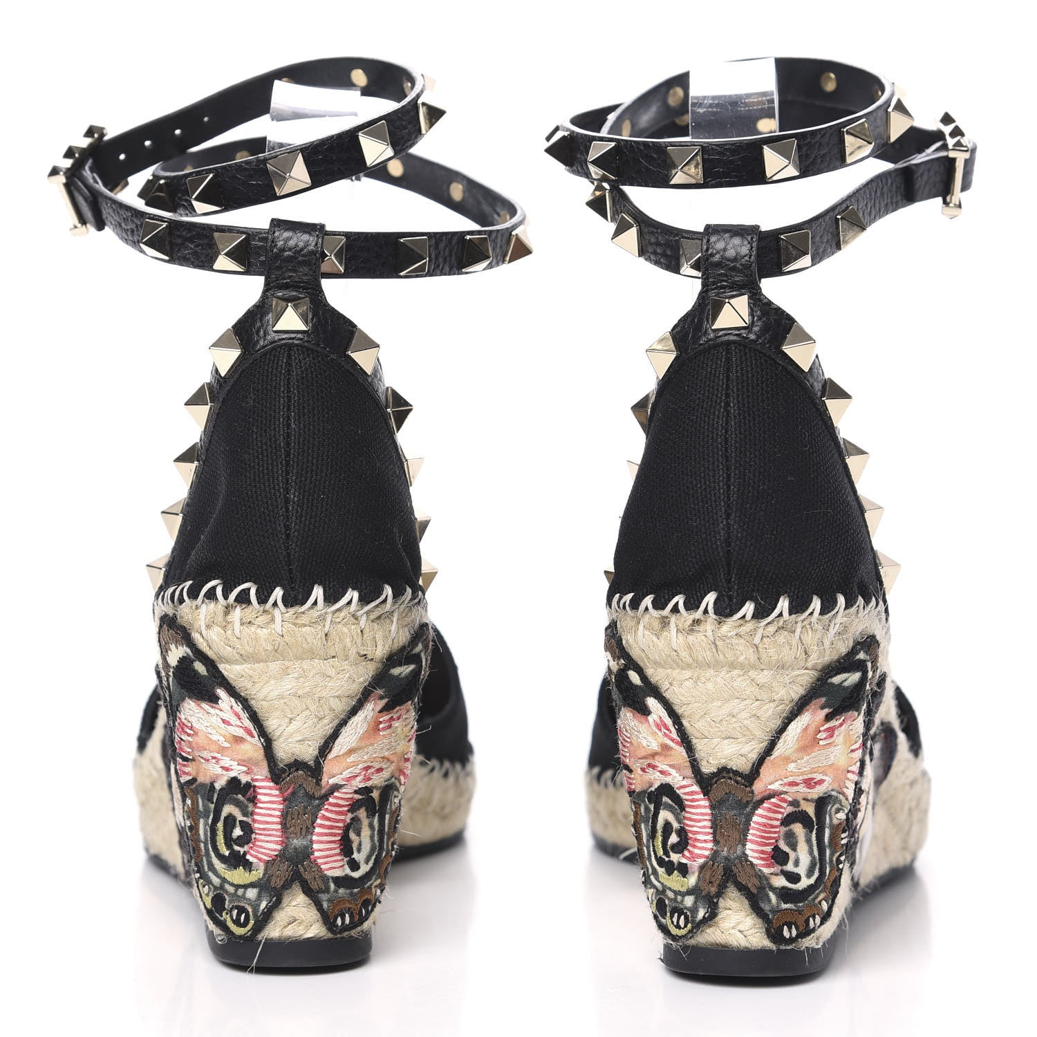 Valentino Garavani Canvas Butterfly Embroidered Rockstud Ankle Wrap Espadrille 15/85mm Wedges 39 Black 5 of 9