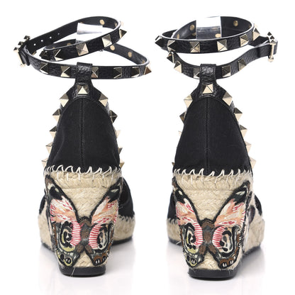 Valentino Garavani Canvas Butterfly Embroidered Rockstud Ankle Wrap Espadrille 15/85mm Wedges 39 Black 5 of 9