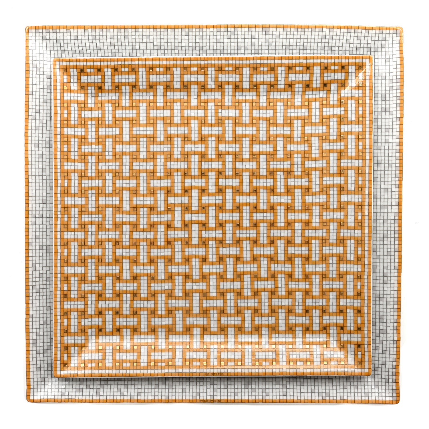 Hermes Porcelain Mosaique Au 24 Set of 5 Square Plates Gold 3 of 12