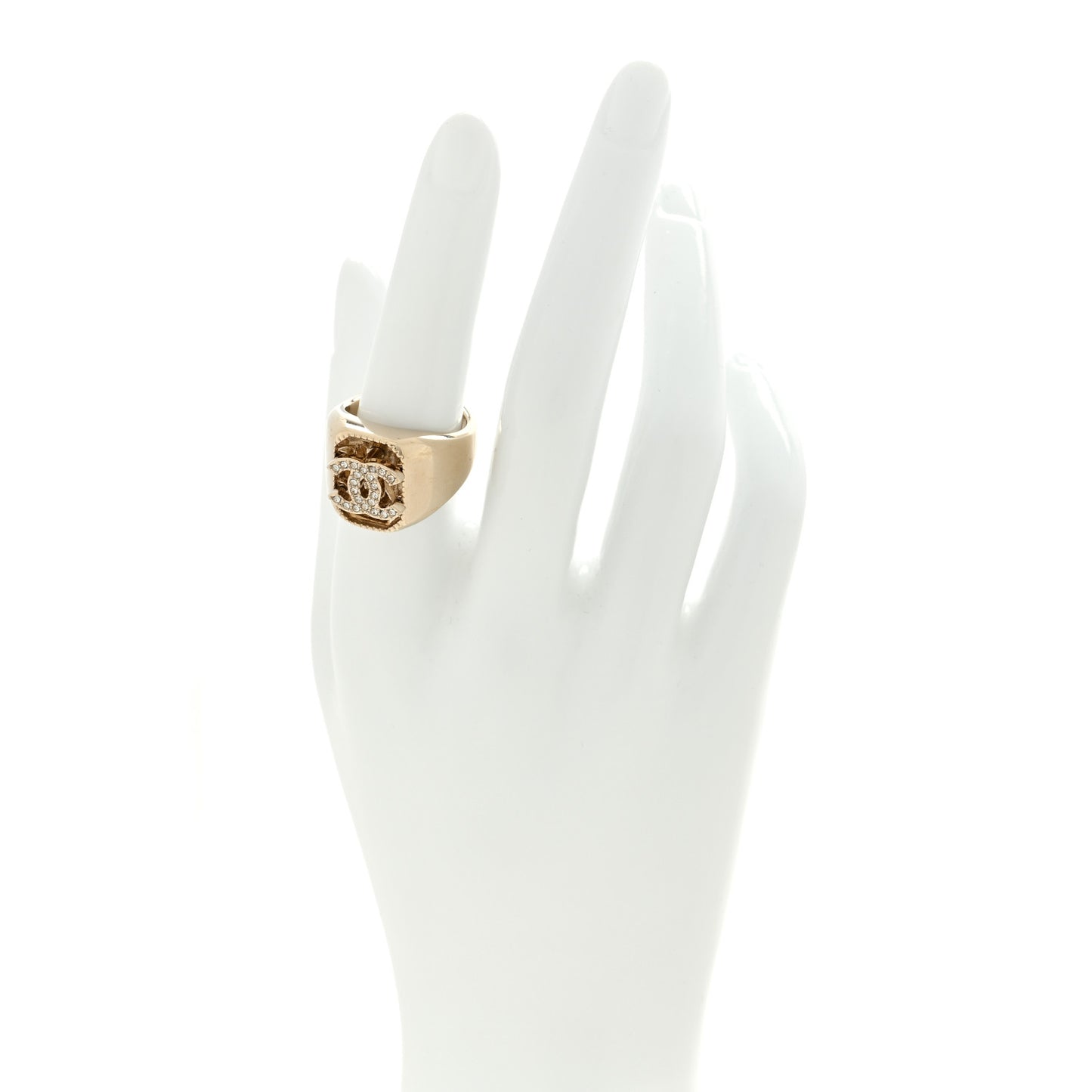 Metal Crystal CC Signet Ring 54 6.75 Light Gold