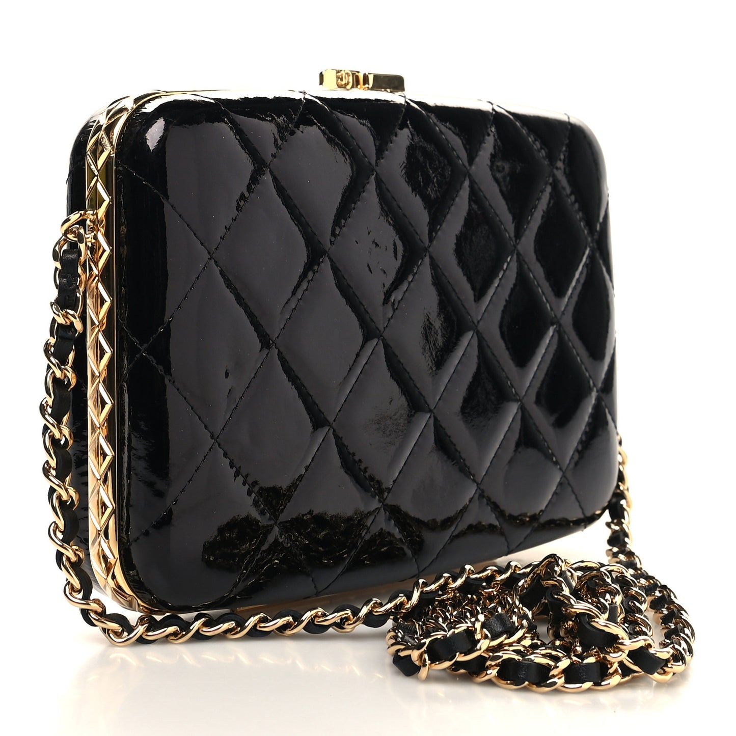 Glazed Goatskin Quilted Box With Chain Black