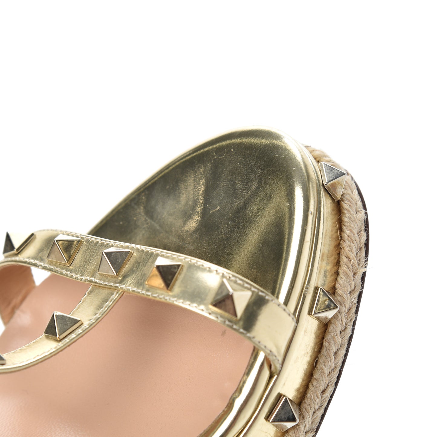 Metallic Calfskin Raffia Rockstud T-Strap Slingback Espadrille Wedge Sandals 39 Gold