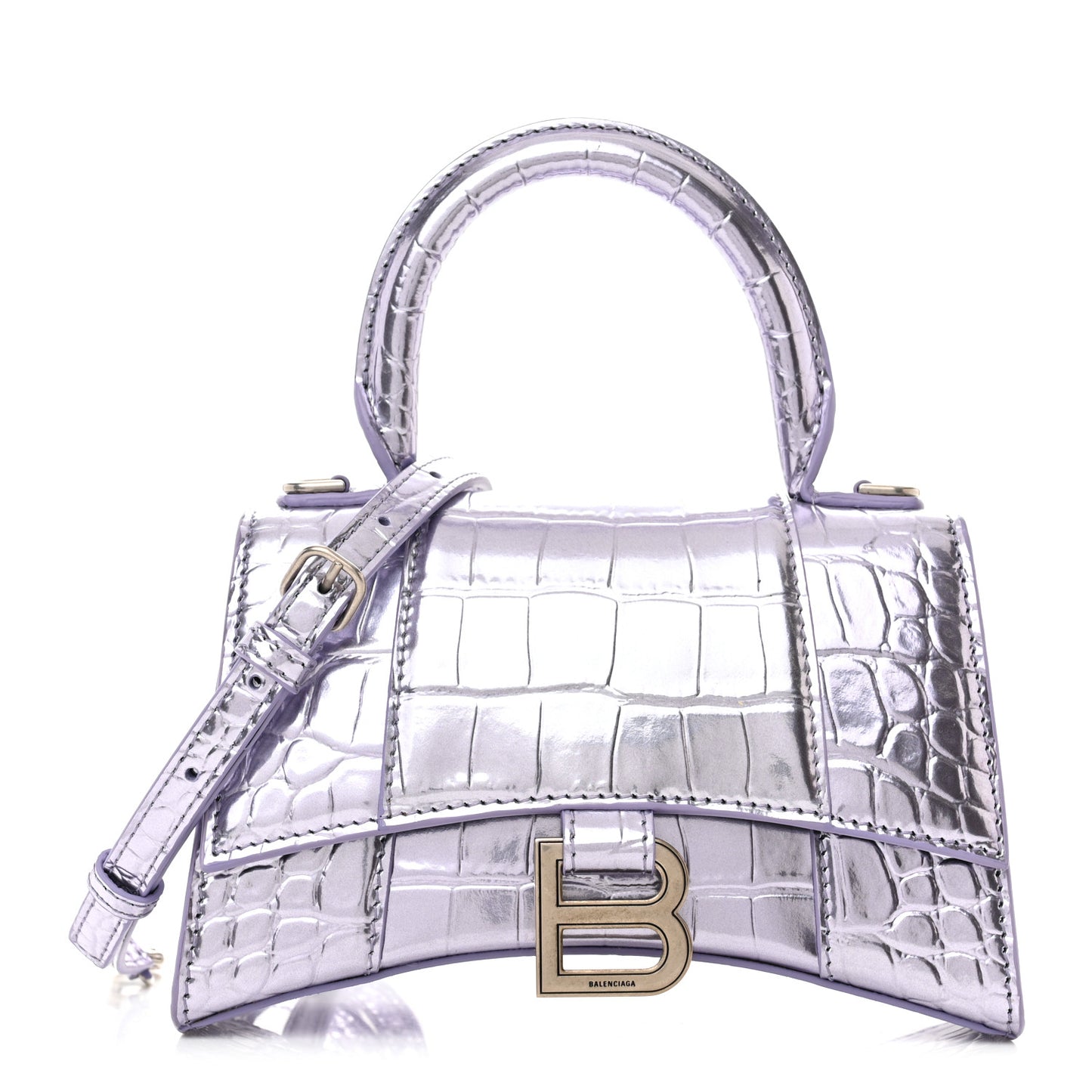Metallic Calfskin Crocodile Embossed Hourglass Top Handle Bag XS Lilac