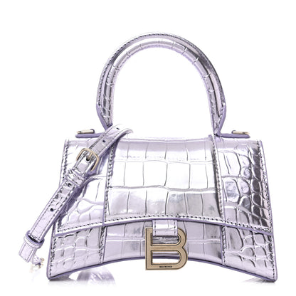 Balenciaga Metallic Calfskin Crocodile Embossed Hourglass Top Handle Bag XS Lilac 1 of 13