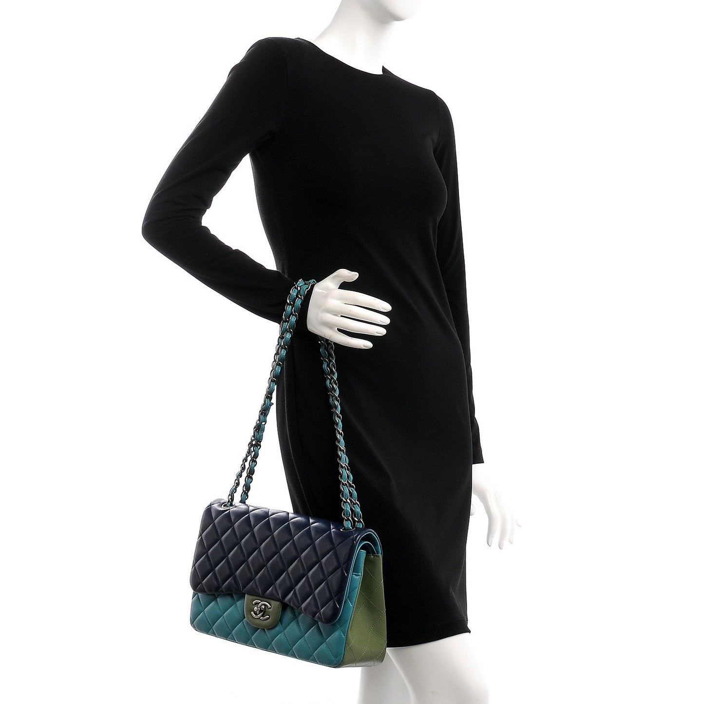 Lambskin Quilted Tri-Color Jumbo Double Flap Navy Blue Green