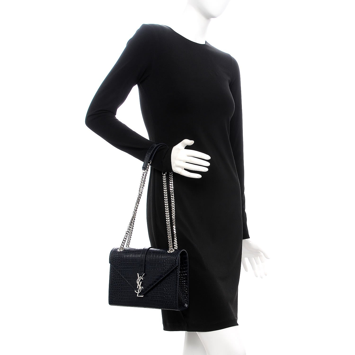 Saint Laurent Calfskin Crocodile Embossed Medium Monogram Envelope Chain Shoulder Bag Navy 2 of 6