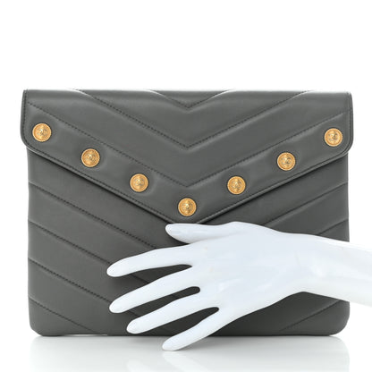 Chanel Calfskin Chevron Quilted CC Button Envelope Pouch Grey 2 of 9