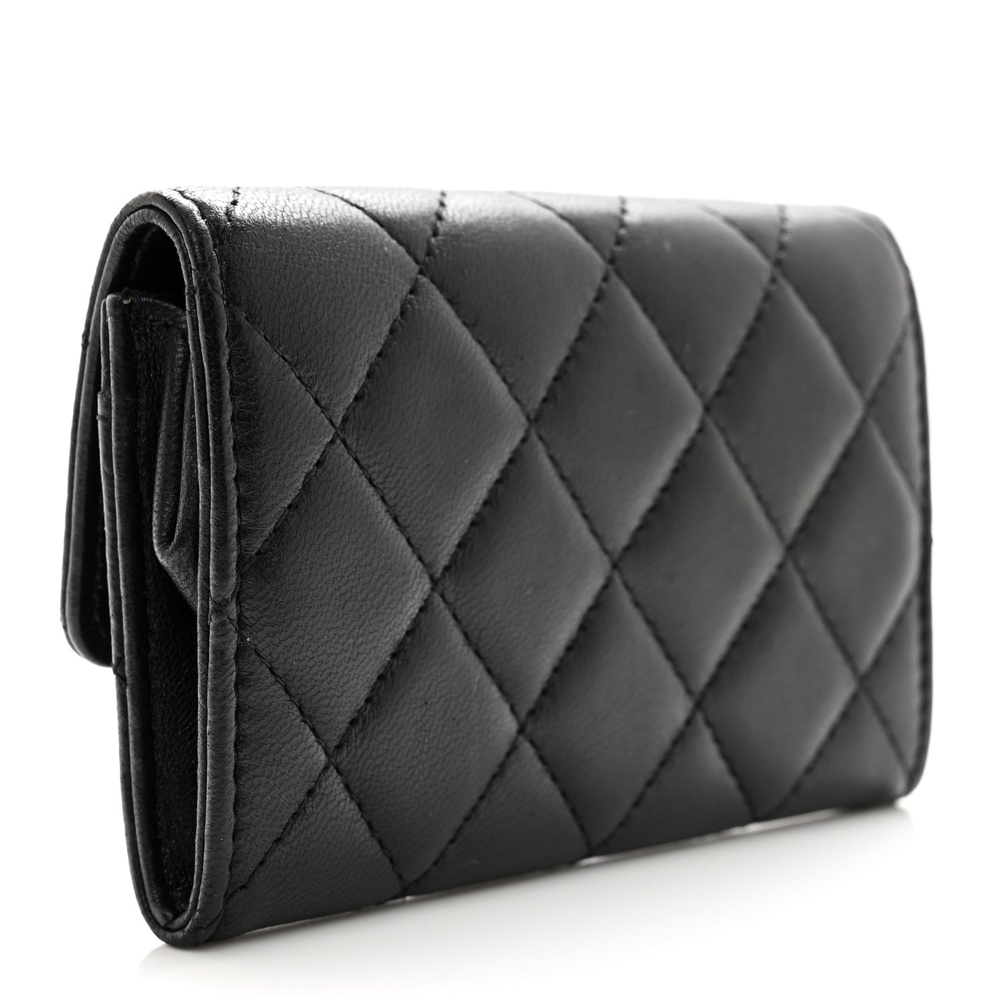 Lambskin Quilted Flap Card Holder Wallet Black