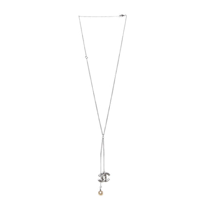 Chanel Baguette Crystal Pearl CC Lariat Necklace Silver 3 of 5