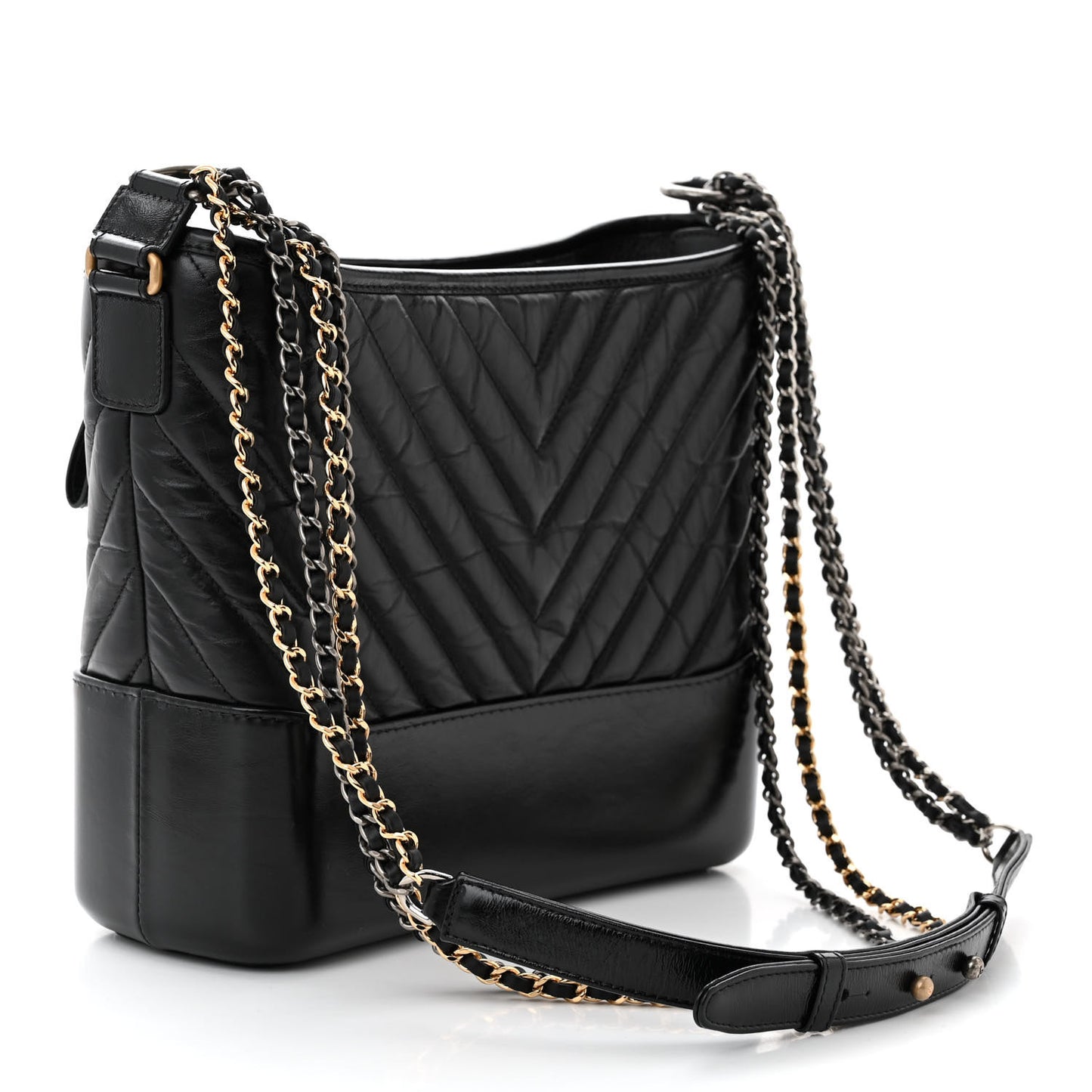 Aged Calfskin Chevron Quilted Medium Gabrielle Hobo Black