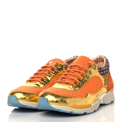 Chanel Tweed Lambskin Tennis Sneakers 38.5 Orange 3 of 8