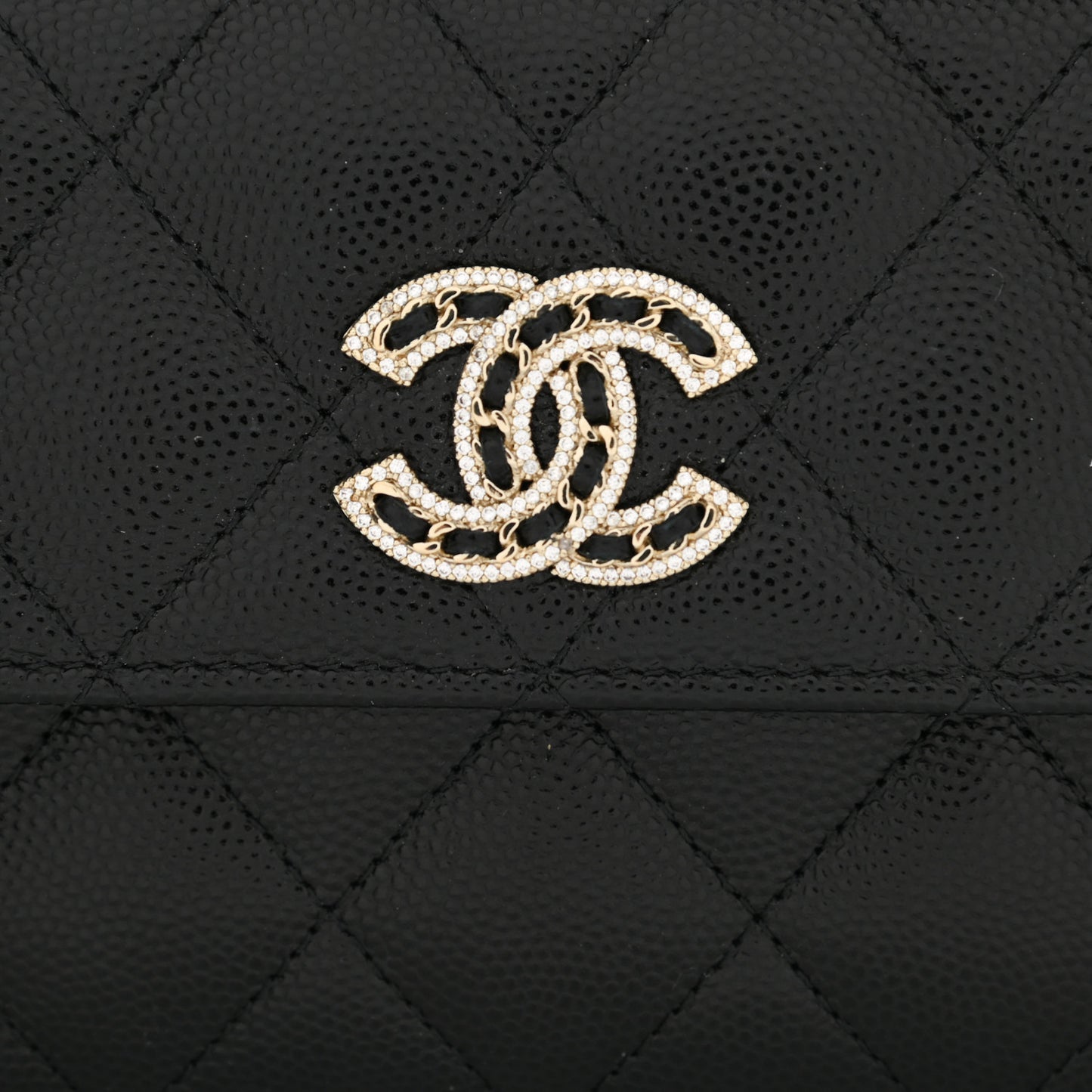 Caviar Quilted Crystal CC Large Gusset Flap Wallet Black