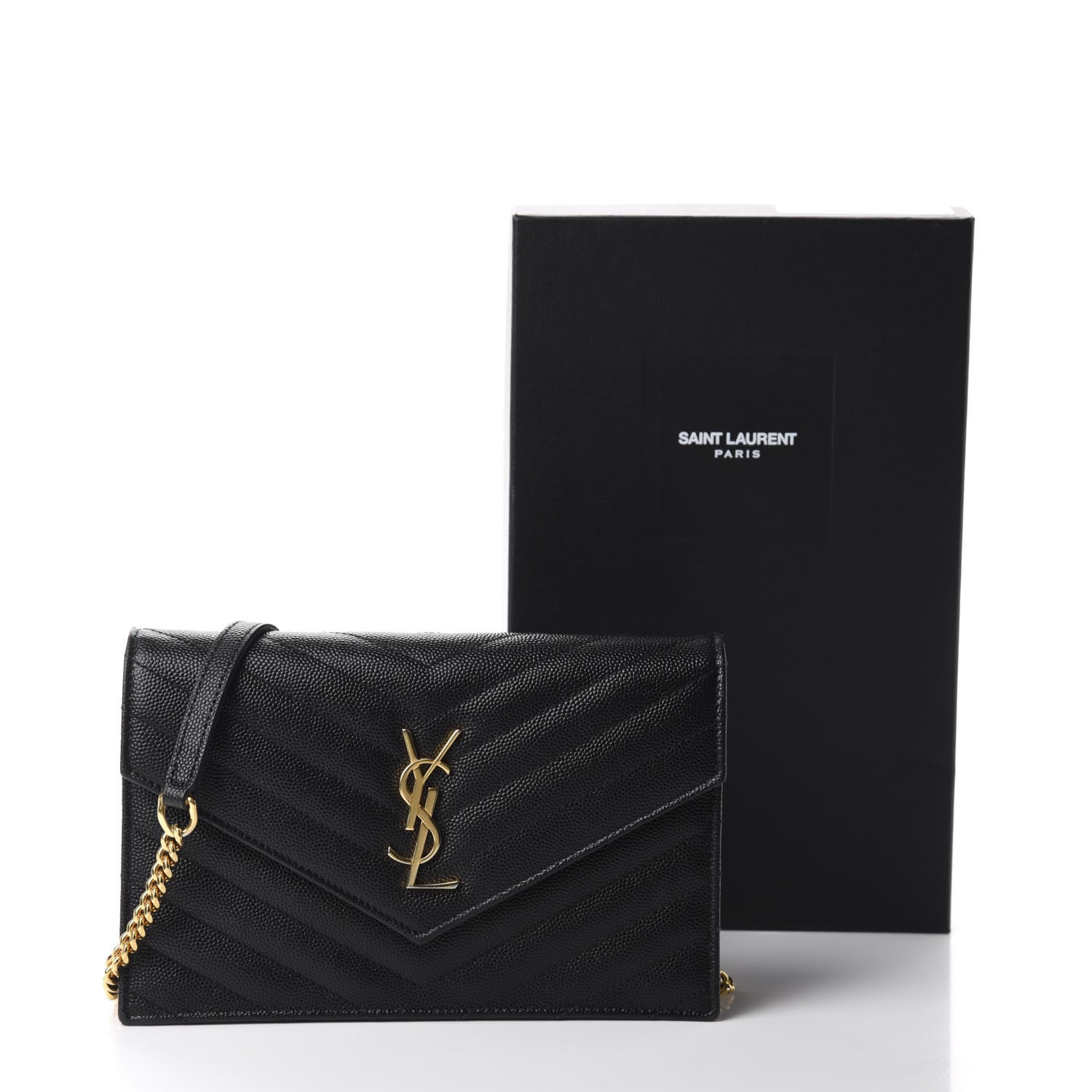 Saint Laurent Grain De Poudre Matelasse Chevron Monogram Envelope Chain Wallet Black 13 of 13