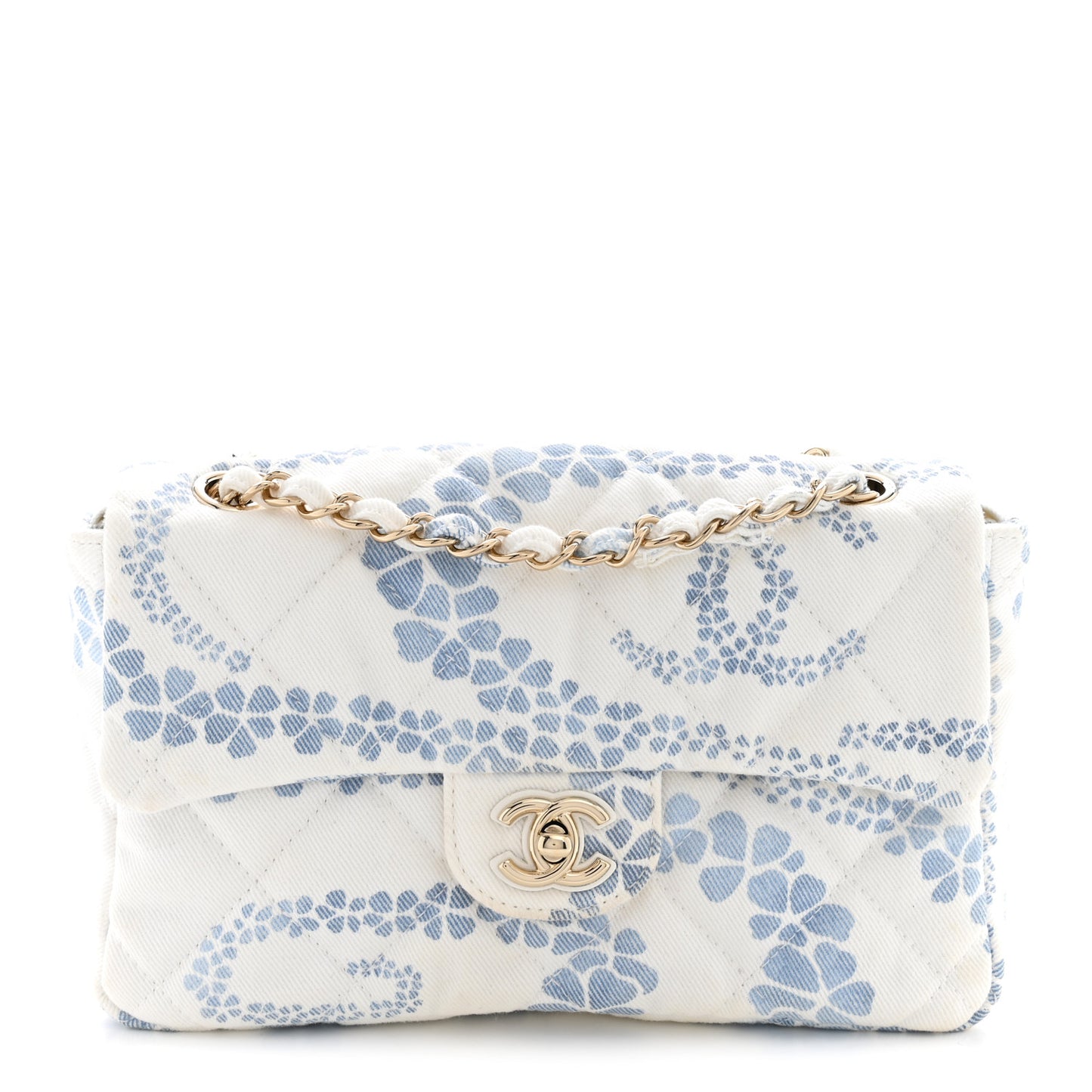 Printed Denim Coco Beach Quilted Small Single Flap Light Blue White