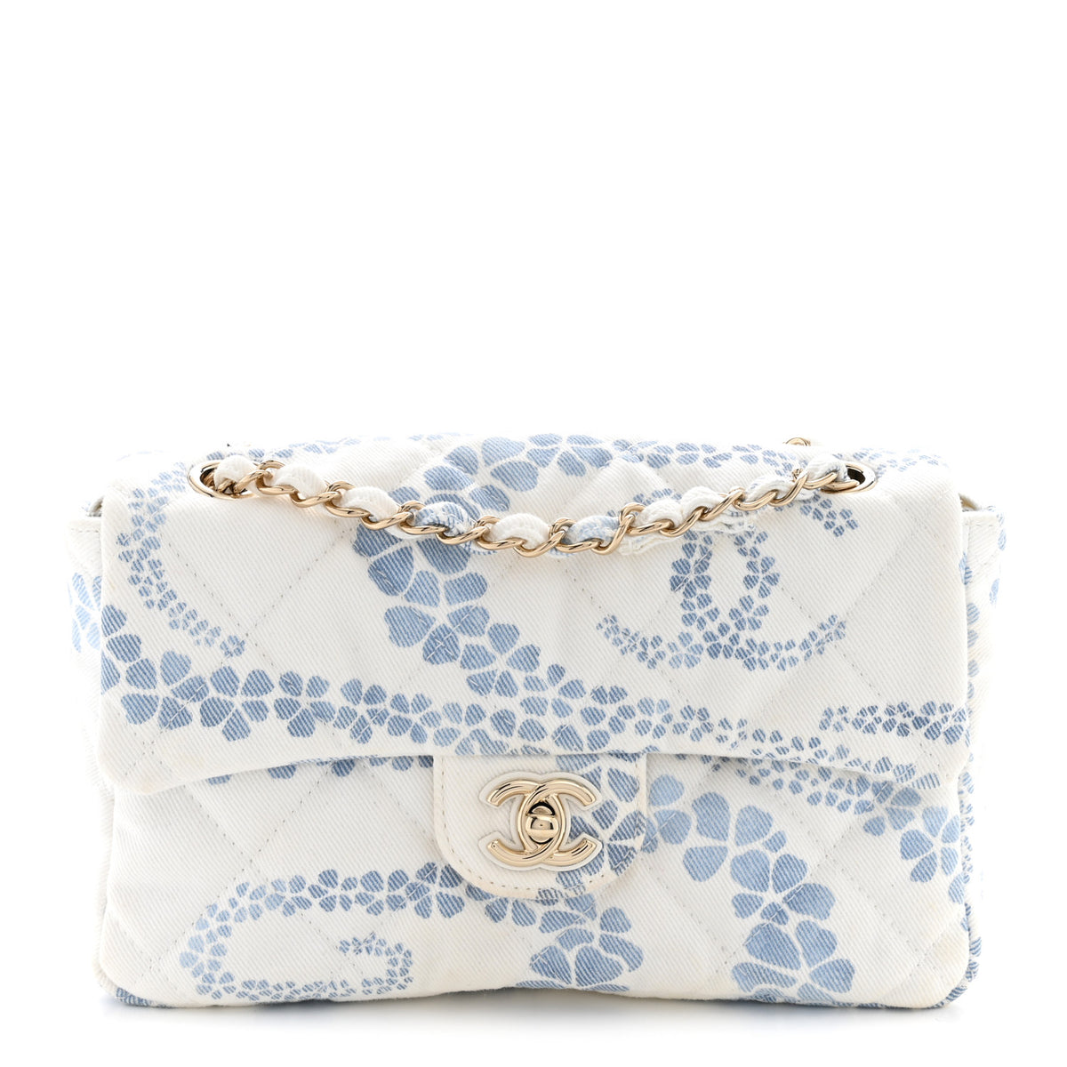 Chanel Printed Denim Coco Beach Quilted Small Single Flap Light Blue White 1 of 11
