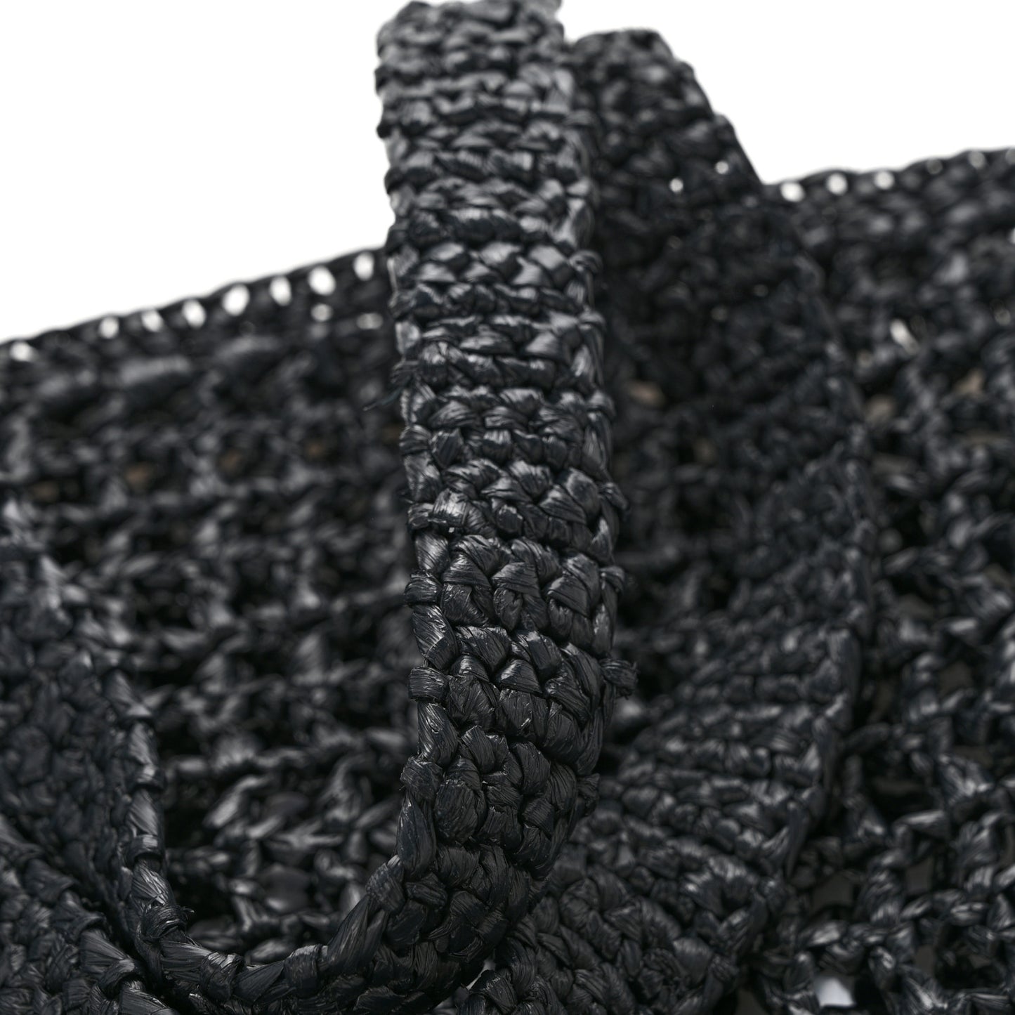 Yarn Raffia Effect Crochet Logo Embroidered Tote Bag Black