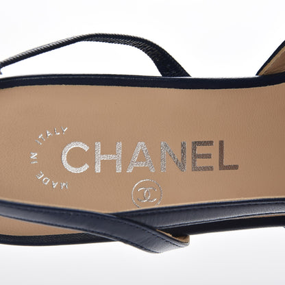 Chanel Lambskin Grosgrain Cap Toe CC Slingback Sandals 37.5 Navy Black 7 of 8