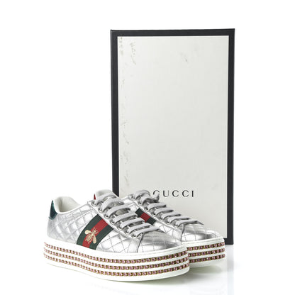 Gucci Laminated Nappa Crystal Web Bee Embroidered Trapuntata Womens Ace Platform Sneakers 36 Argento 9 of 9