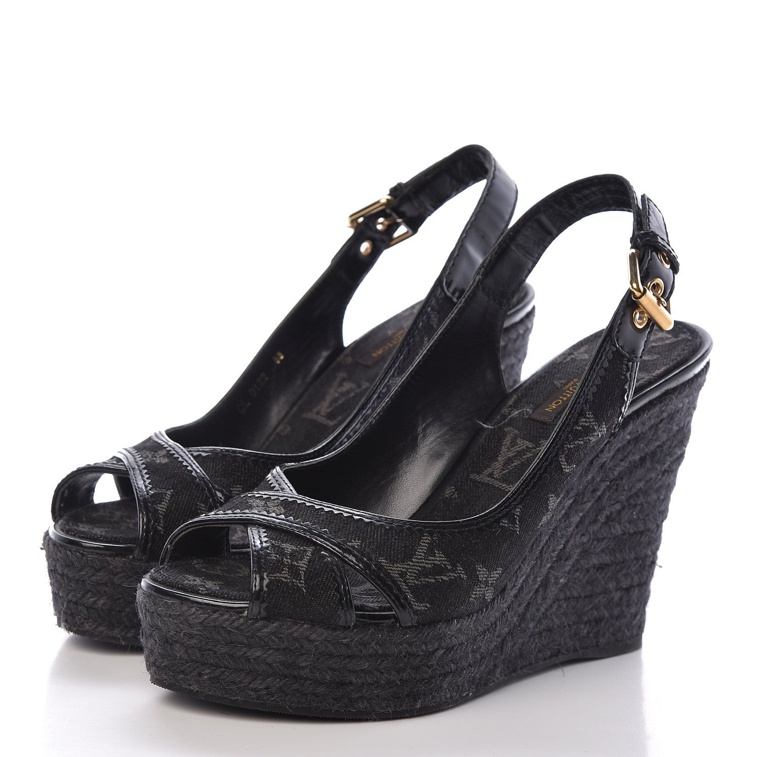 Louis Vuitton Denim Patent Espadrille Wedges 38 Black 3 of 8