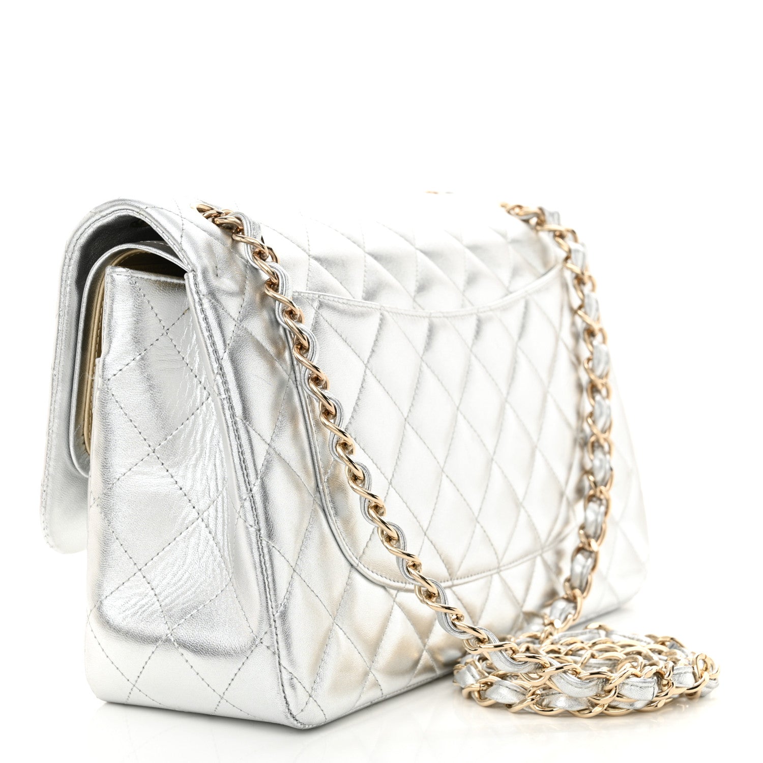Chanel Metallic Lambskin Quilted Jumbo Double Flap Silver 3 of 15