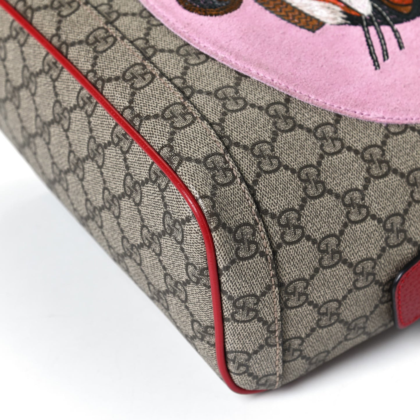 GG Supreme Monogram Web Bosco Patch Dome Backpack Beige Malva Hibiscus Red