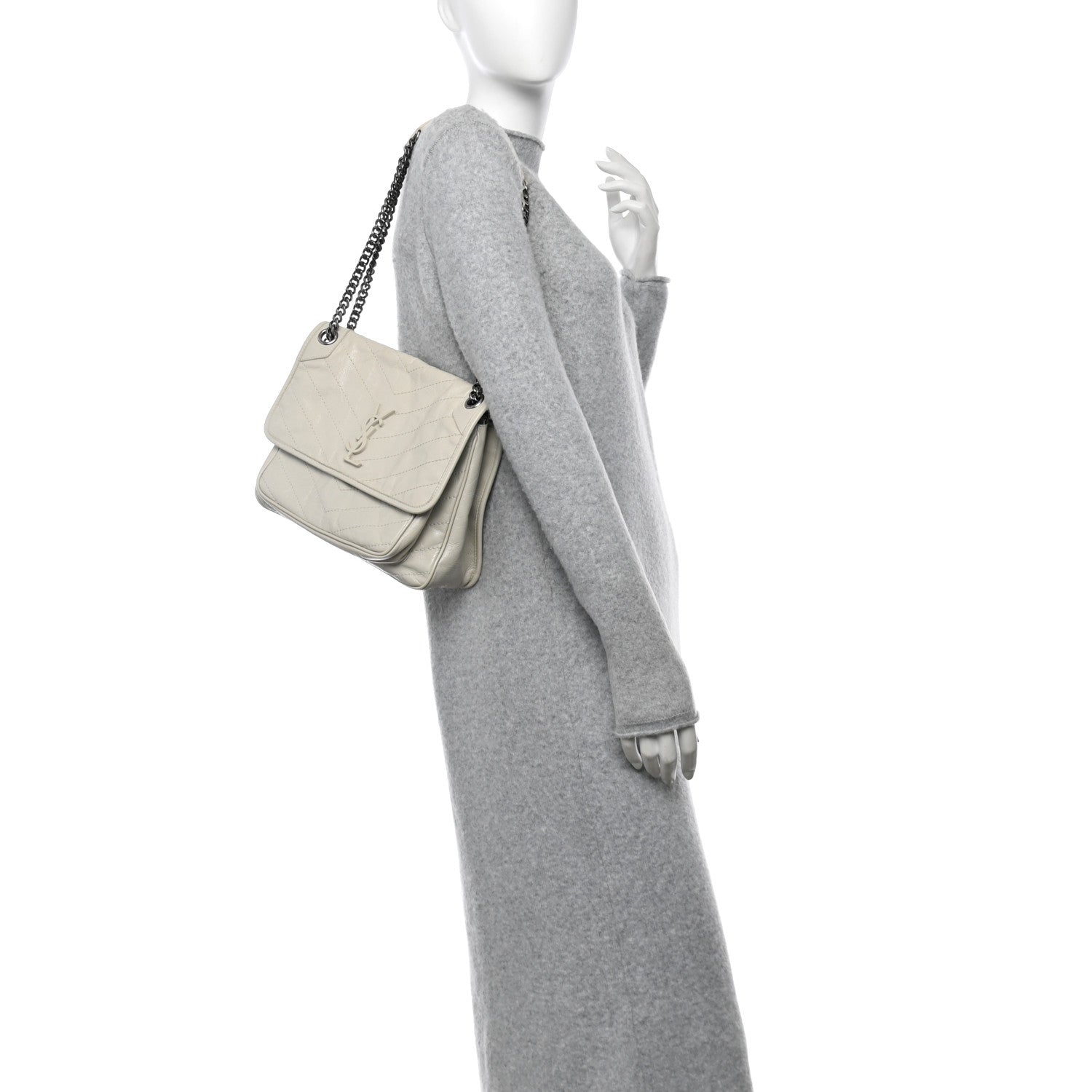 Saint Laurent Crinkled Calfskin Matelasse Monogram Medium Niki Chain Satchel Crema Soft 2 of 15