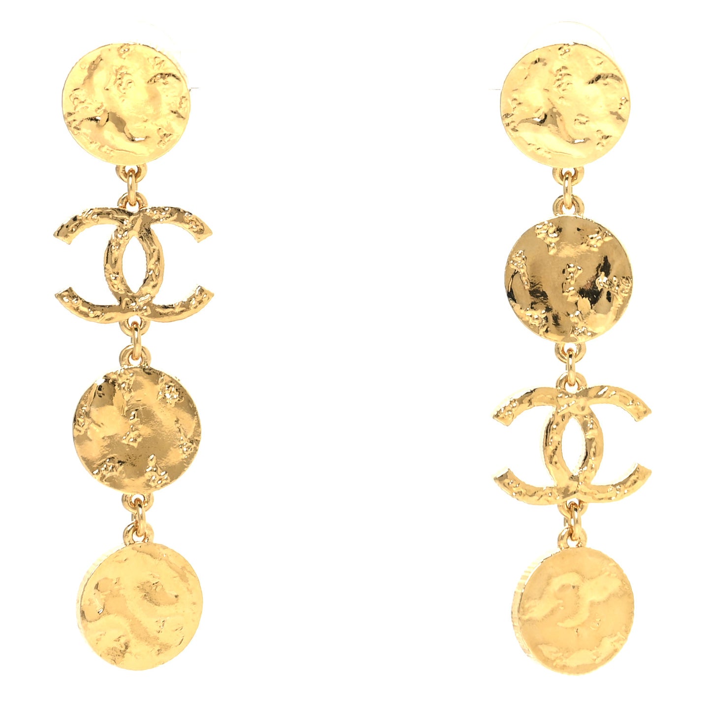 Metal Disc CC Long Drop Earrings Gold