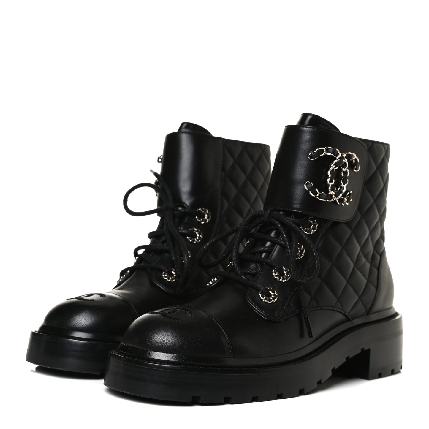 Shiny Lambskin Quilted Lace Up Combat Boots 37.5 Black