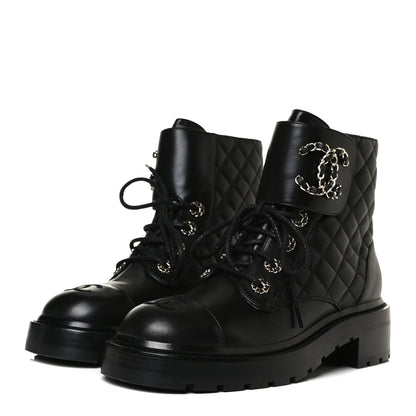 Chanel Shiny Lambskin Quilted Lace Up Combat Boots 37.5 Black 3 of 14