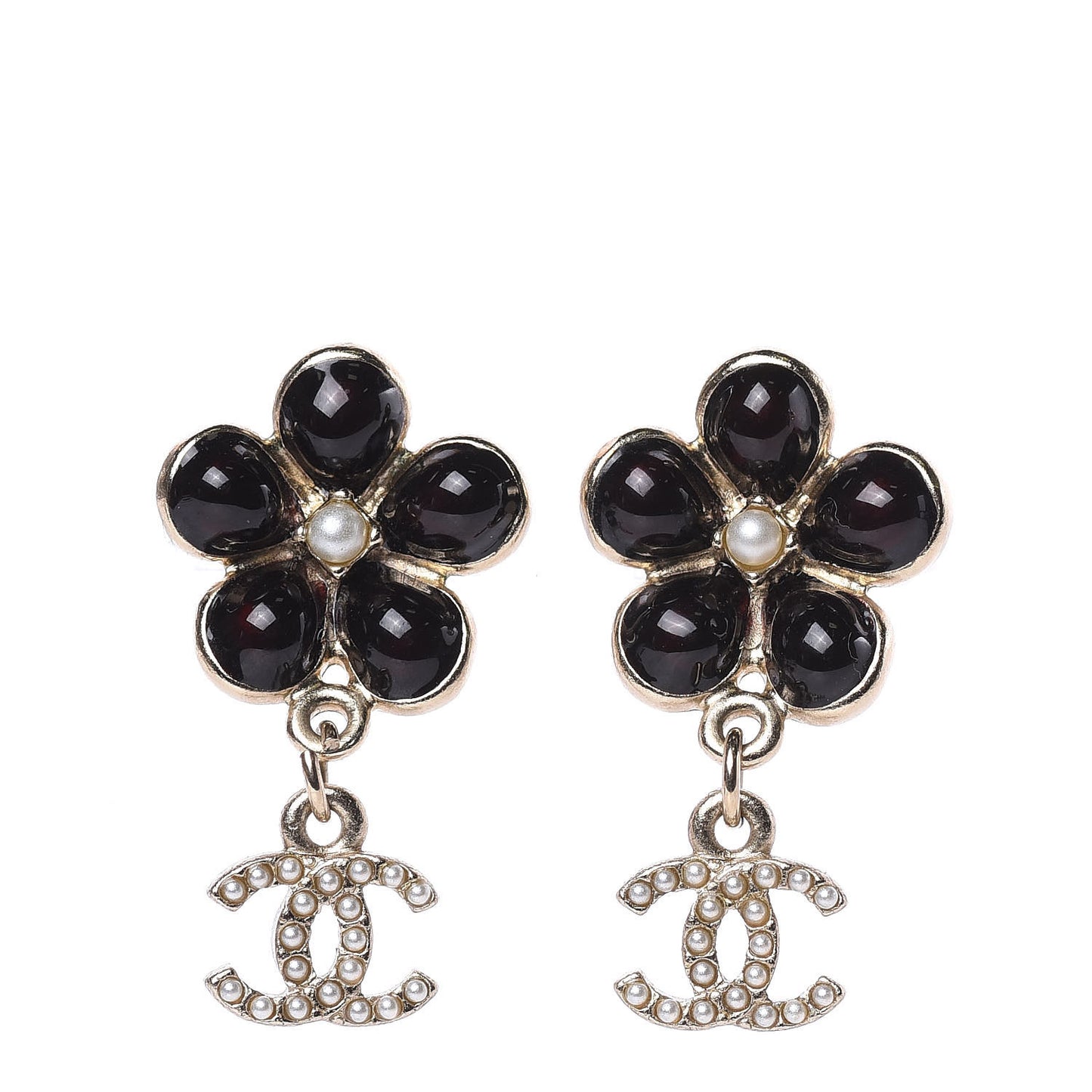 Enamel Pearl CC Flower Drop Earrings Black Gold