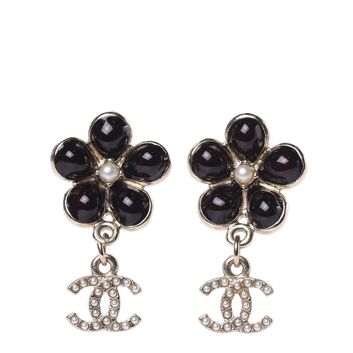 Chanel Enamel Pearl CC Flower Drop Earrings Black Gold 1 of 4