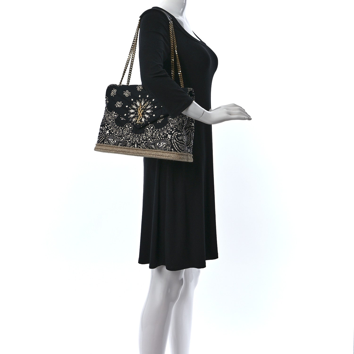 Saint Laurent Canvas Bandana Medium Loulou Chain Satchel Black White 2 of 9