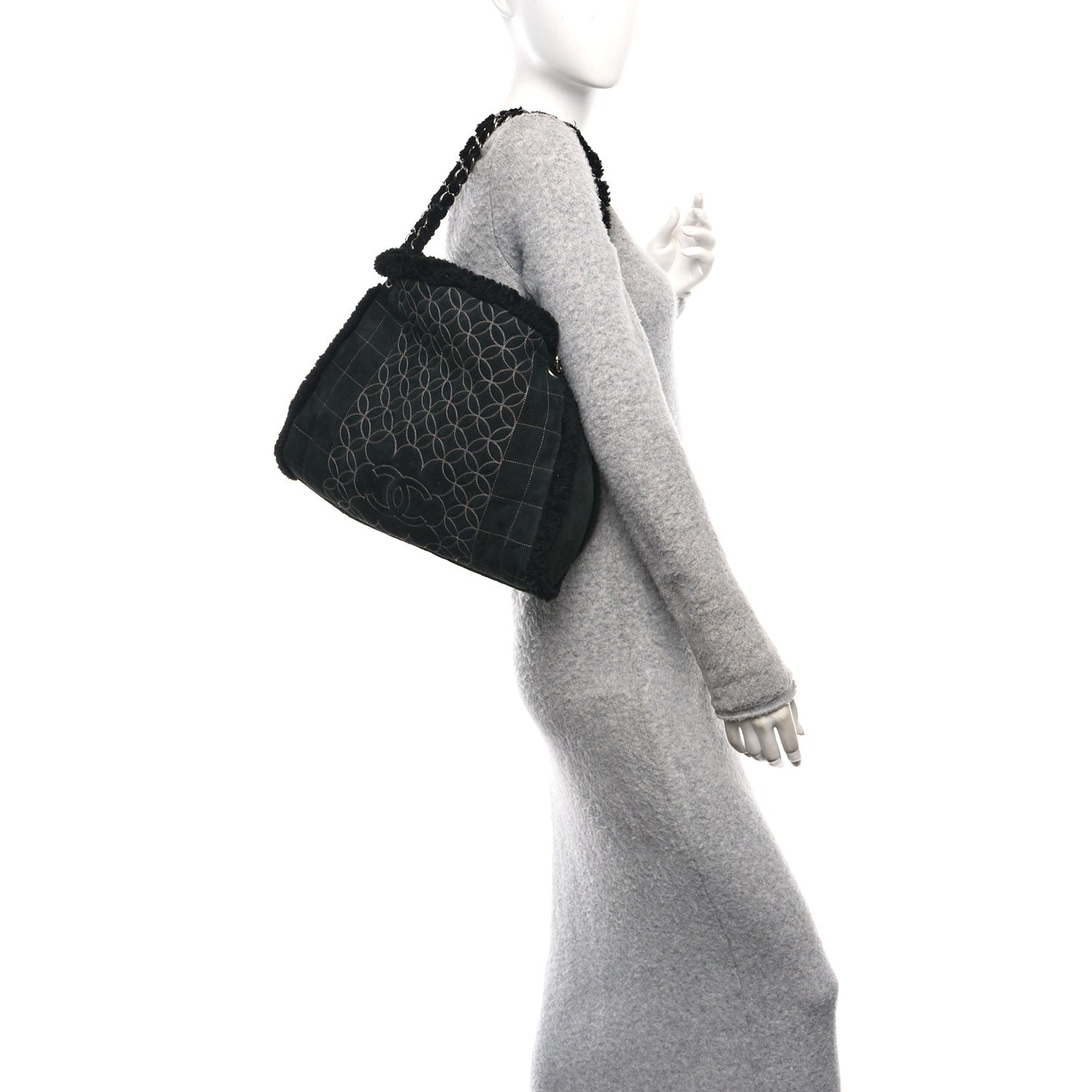 Shearling Suede Stitched CC Tote Black