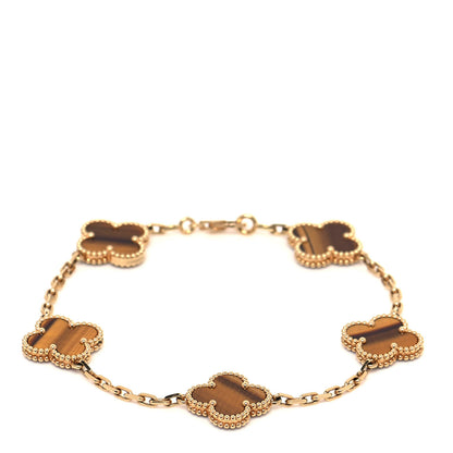 Van Cleef & Arpels 18K Yellow Gold Tiger Eye 5 Motifs Vintage Alhambra Bracelet 1 of 6